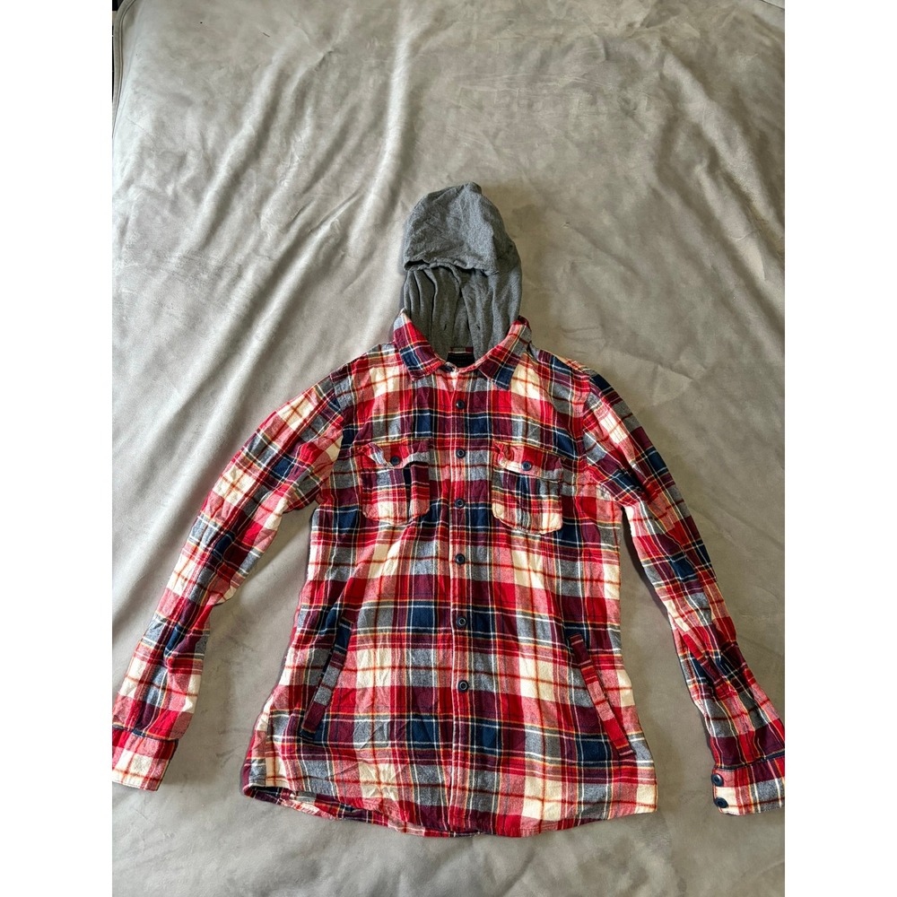 Twenty One Men Red Plaid Hooded Flannel Shirt Button Up Hooded Jacket Mens Small
